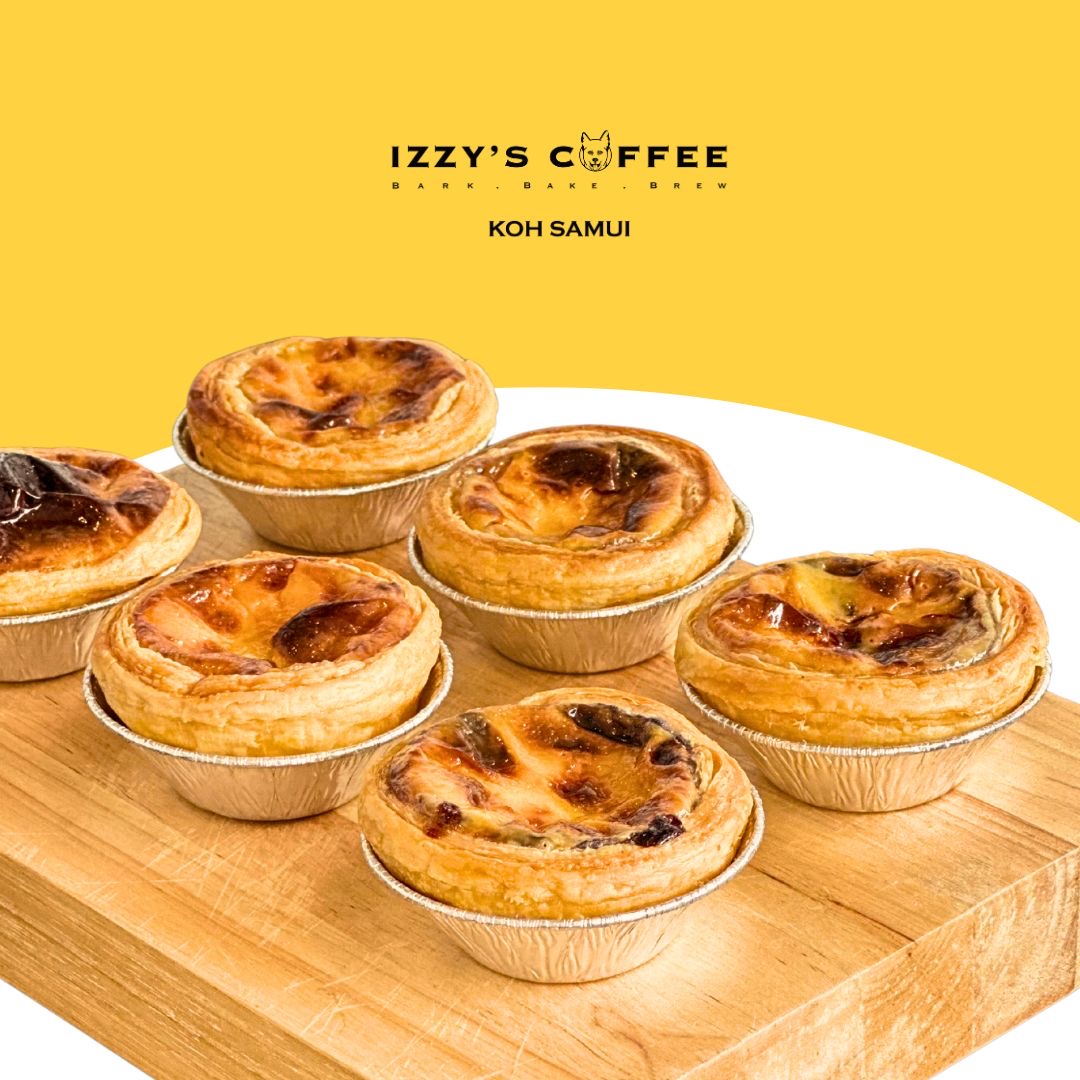 Freshly baked Portuguese egg tarts (pastel de nata) with homemade caramel on the bottom, at Izzy's Specialty Coffee, Bo Put, Ko Samui